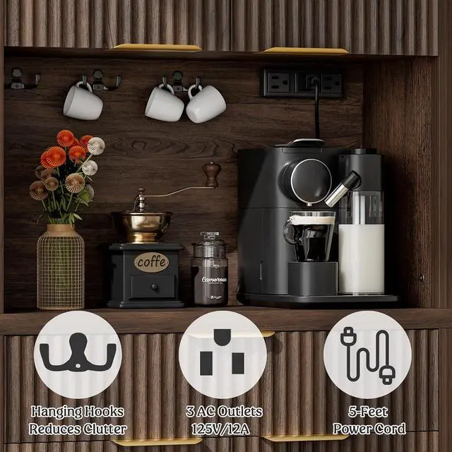 Alt view image 3 of 7 - 71" Fluted Pantry Cabinet with Charging Station, Brown | Adjustable Shelves, Open Countertop, Drawer, Spacious Kitchen Storage