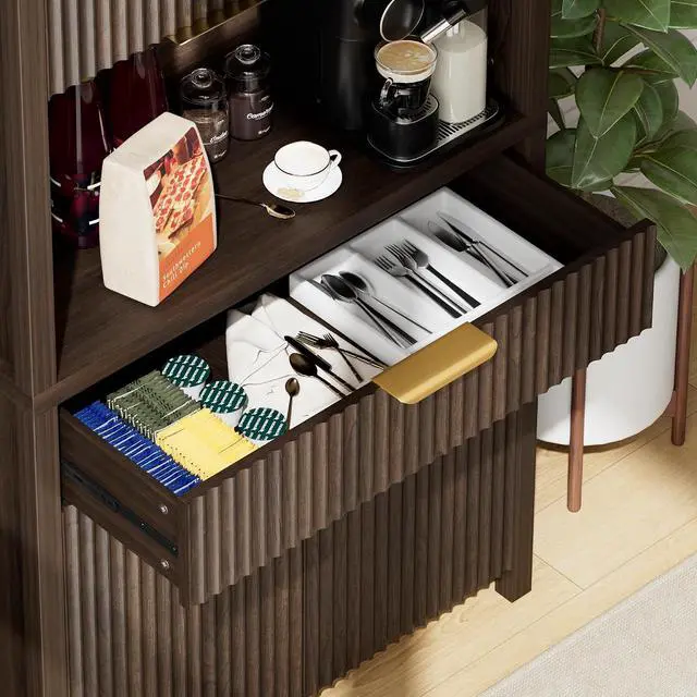 Alt view image 4 of 7 - 71" Fluted Pantry Cabinet with Charging Station, Brown | Adjustable Shelves, Open Countertop, Drawer, Spacious Kitchen Storage