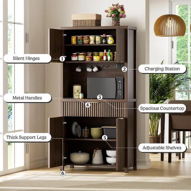 Alt view image 5 of 7 - 71" Fluted Pantry Cabinet with Charging Station, Brown | Adjustable Shelves, Open Countertop, Drawer, Spacious Kitchen Storage