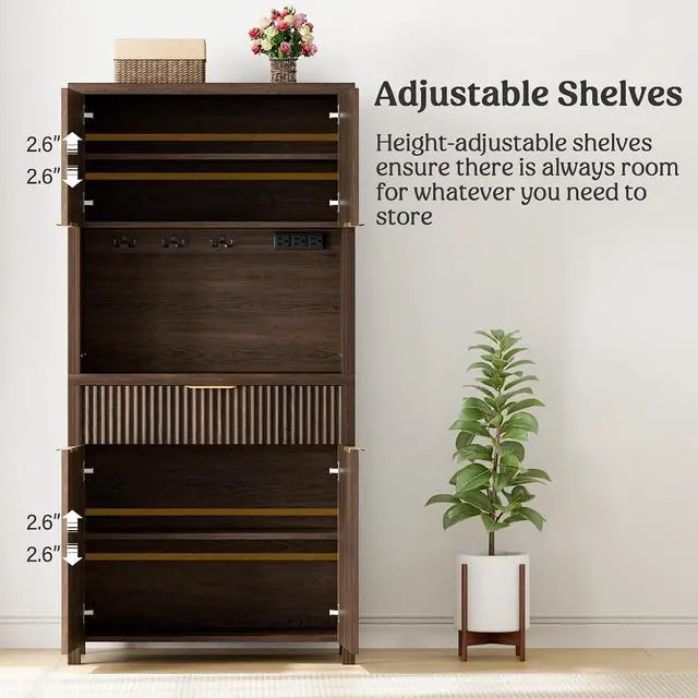 Alt view image 7 of 7 - 71" Fluted Pantry Cabinet with Charging Station, Brown | Adjustable Shelves, Open Countertop, Drawer, Spacious Kitchen Storage