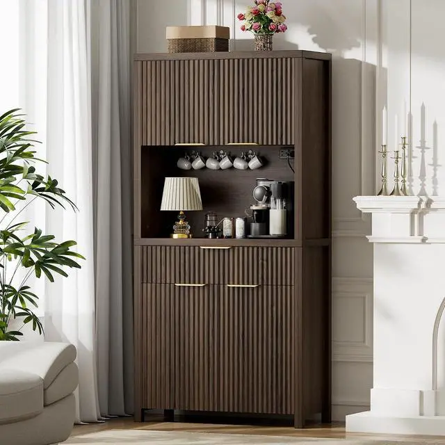 Alt view image 6 of 7 - 71" Fluted Pantry Cabinet with Charging Station, Brown | Adjustable Shelves, Open Countertop, Drawer, Spacious Kitchen Storage