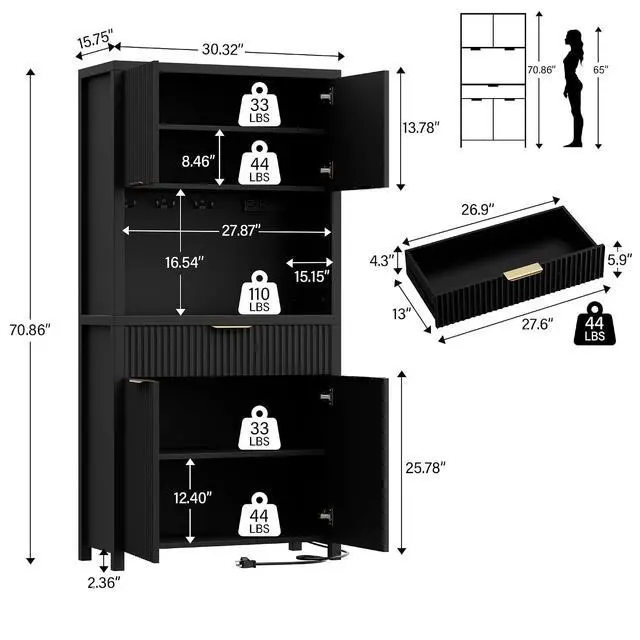 Alt view image 2 of 7 - 71" Fluted Pantry Cabinet with Charging Station, Black | Adjustable Shelves, Open Countertop, Drawer, Spacious Kitchen Storage
