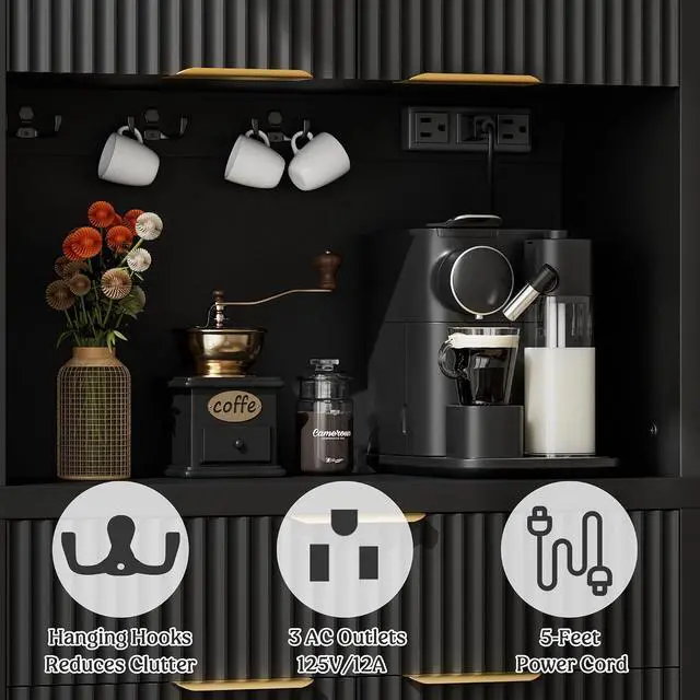 Alt view image 4 of 7 - 71" Fluted Pantry Cabinet with Charging Station, Black | Adjustable Shelves, Open Countertop, Drawer, Spacious Kitchen Storage