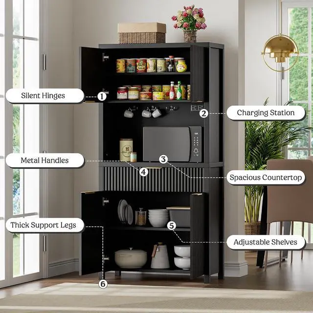 Alt view image 5 of 7 - 71" Fluted Pantry Cabinet with Charging Station, Black | Adjustable Shelves, Open Countertop, Drawer, Spacious Kitchen Storage