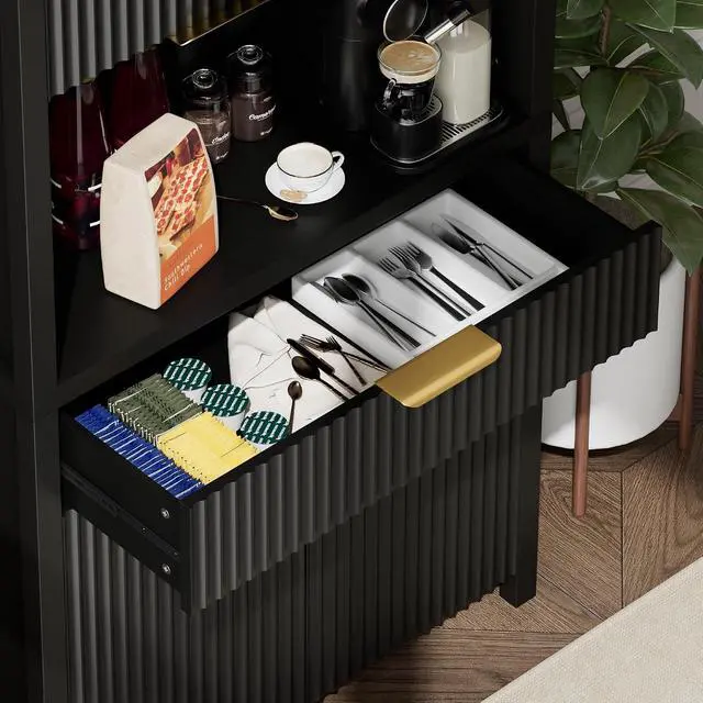Alt view image 3 of 7 - 71" Fluted Pantry Cabinet with Charging Station, Black | Adjustable Shelves, Open Countertop, Drawer, Spacious Kitchen Storage
