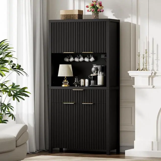 Alt view image 6 of 7 - 71" Fluted Pantry Cabinet with Charging Station, Black | Adjustable Shelves, Open Countertop, Drawer, Spacious Kitchen Storage