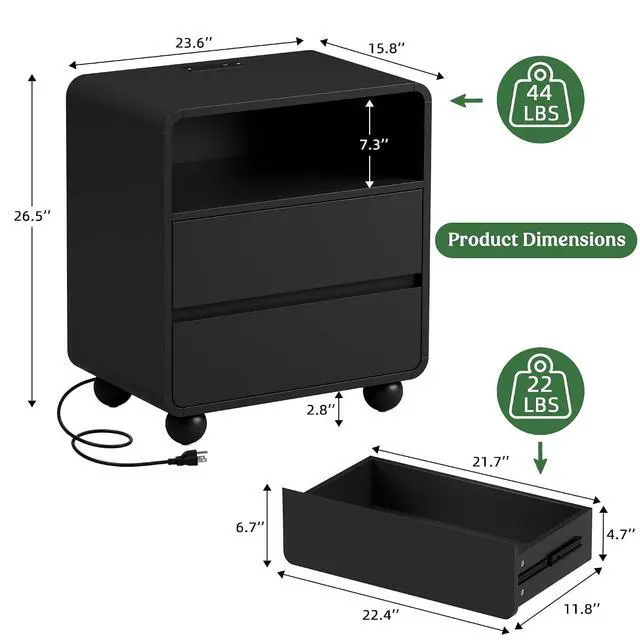 Alt view image 2 of 7 - Night Stand with Drawers, Fluted Nightstand with Charging Station, Wood Modern Bedside End Table with Storage Drawer for Bedroom, Black