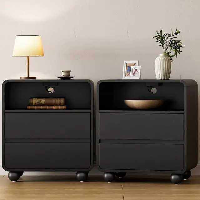 Alt view image 3 of 7 - Night Stand with Drawers, Fluted Nightstand with Charging Station, Wood Modern Bedside End Table with Storage Drawer for Bedroom, Black