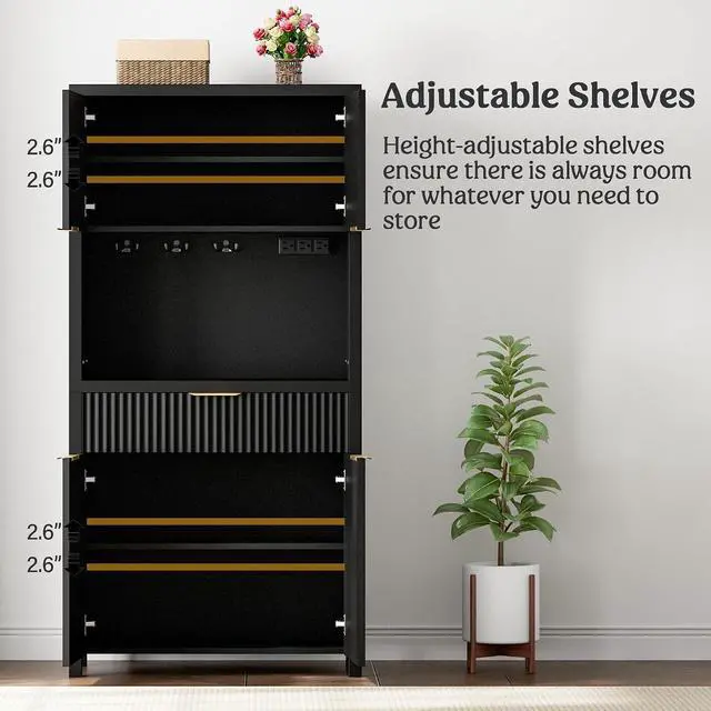Alt view image 7 of 7 - 71" Fluted Pantry Cabinet with Charging Station, Black | Adjustable Shelves, Open Countertop, Drawer, Spacious Kitchen Storage