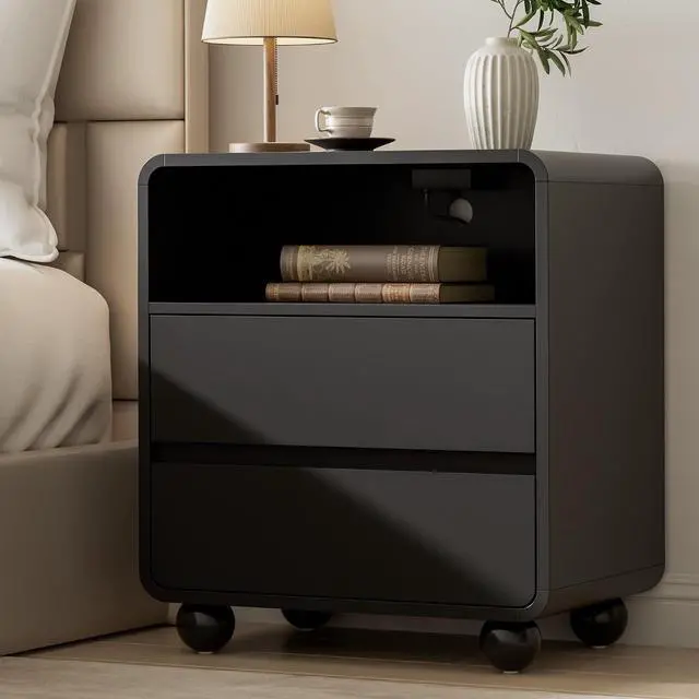Main image of Night Stand with Drawers, Fluted Nightstand with Charging Station, Wood Modern Bedside End Table with Storage Drawer for Bedroom, Black