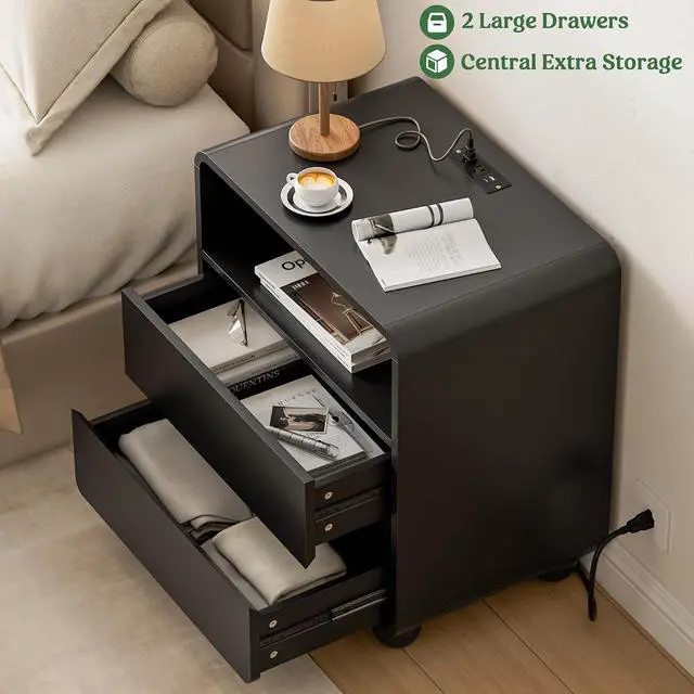 Alt view image 4 of 7 - Night Stand with Drawers, Fluted Nightstand with Charging Station, Wood Modern Bedside End Table with Storage Drawer for Bedroom, Black