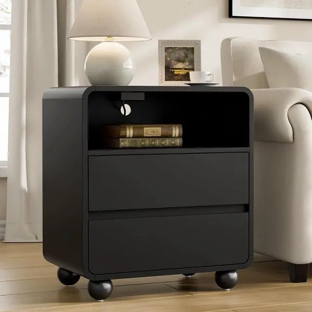 Alt view image 5 of 7 - Night Stand with Drawers, Fluted Nightstand with Charging Station, Wood Modern Bedside End Table with Storage Drawer for Bedroom, Black
