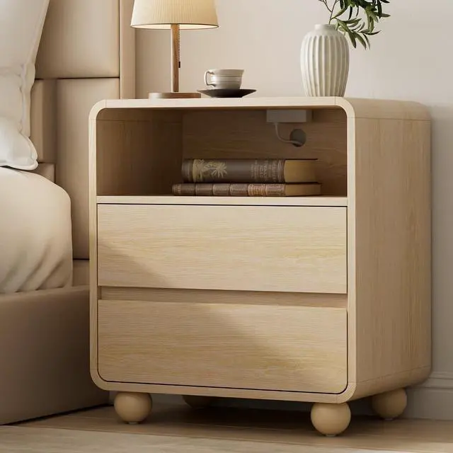 Main image of Night Stand with Drawers, Modern Bedside End Table with Charging Station, Curved Profile Design Storage Nightstand for Bedroom, Natural