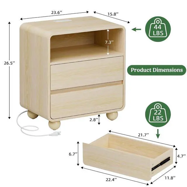 Alt view image 2 of 7 - Night Stand with Drawers, Modern Bedside End Table with Charging Station, Curved Profile Design Storage Nightstand for Bedroom, Natural
