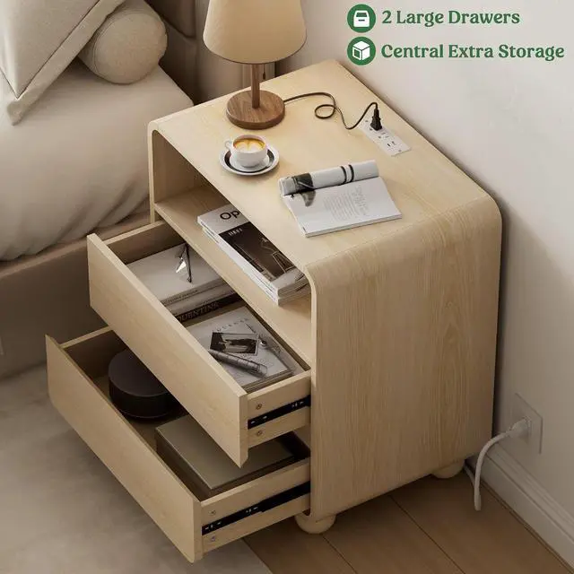 Alt view image 3 of 7 - Night Stand with Drawers, Modern Bedside End Table with Charging Station, Curved Profile Design Storage Nightstand for Bedroom, Natural