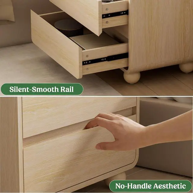 Alt view image 4 of 7 - Night Stand with Drawers, Modern Bedside End Table with Charging Station, Curved Profile Design Storage Nightstand for Bedroom, Natural