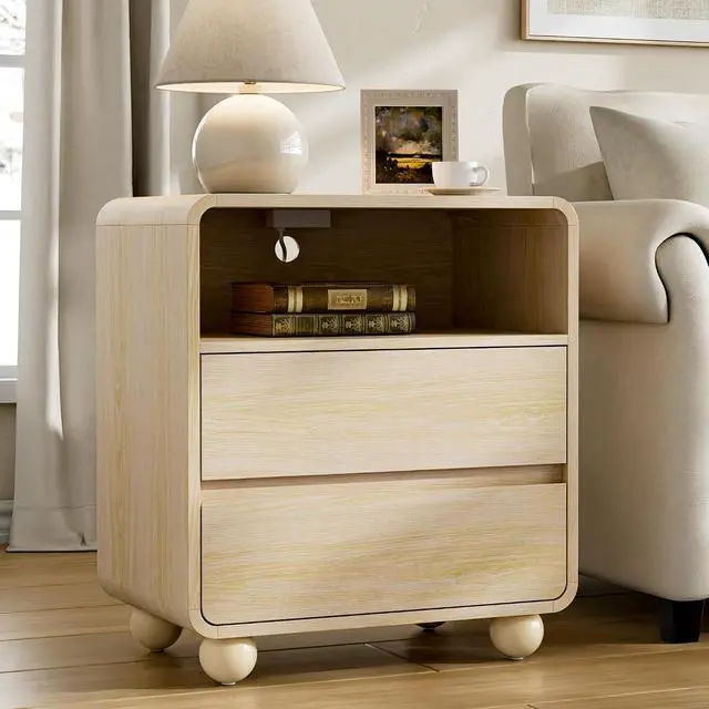 Alt view image 6 of 7 - Night Stand with Drawers, Modern Bedside End Table with Charging Station, Curved Profile Design Storage Nightstand for Bedroom, Natural