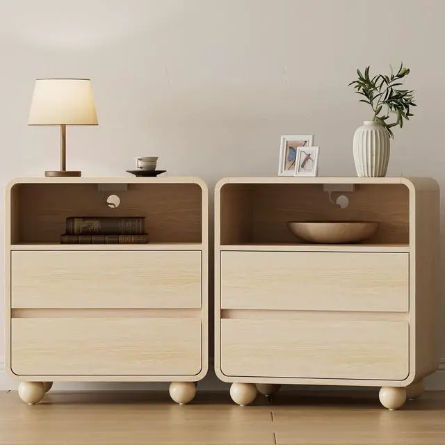 Alt view image 5 of 7 - Night Stand with Drawers, Modern Bedside End Table with Charging Station, Curved Profile Design Storage Nightstand for Bedroom, Natural