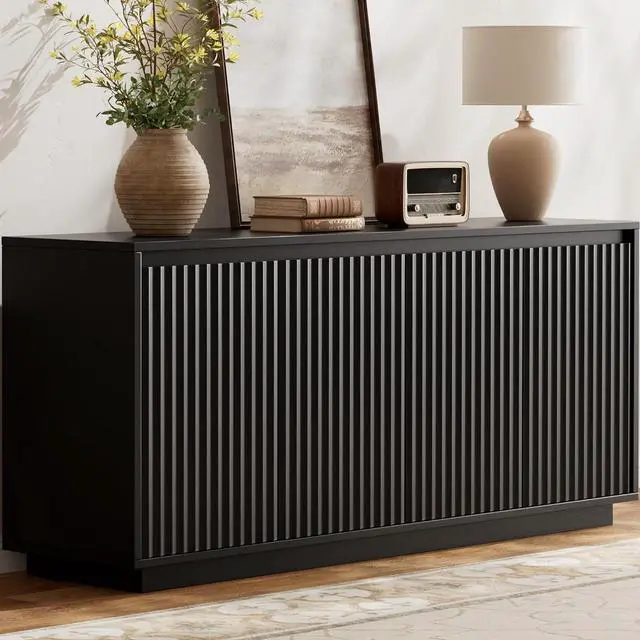 Main image of 63" Fluted Buffet Cabinet Sideboard with Storage Credenza 4 Doors Wood Modern Accent Coffee Bar Console Table for Kitchen Entryway Black