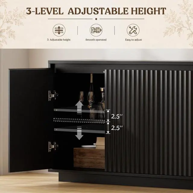 Alt view image 3 of 7 - 63" Fluted Buffet Cabinet Sideboard with Storage Credenza 4 Doors Wood Modern Accent Coffee Bar Console Table for Kitchen Entryway Black