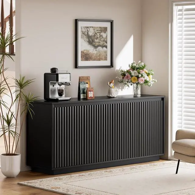 Alt view image 7 of 7 - 63" Fluted Buffet Cabinet Sideboard with Storage Credenza 4 Doors Wood Modern Accent Coffee Bar Console Table for Kitchen Entryway Black