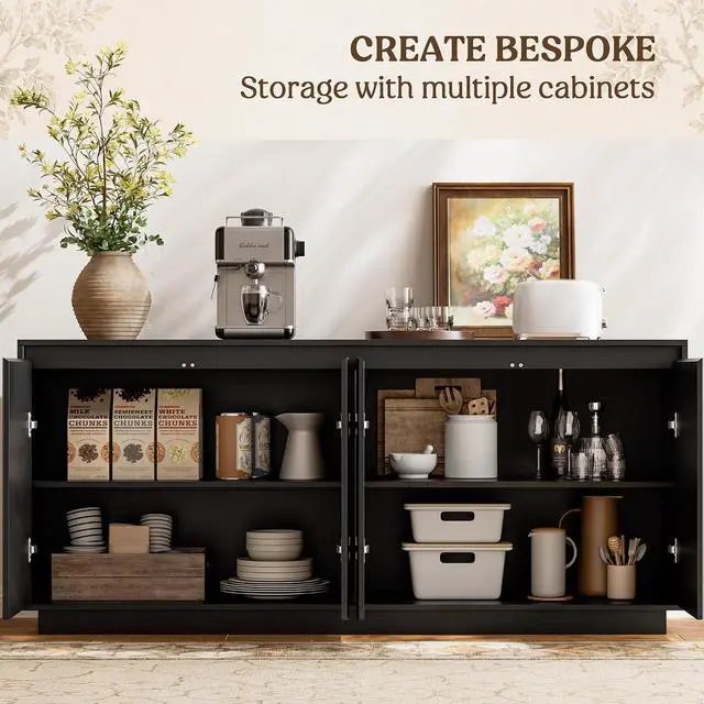 Alt view image 4 of 7 - 63" Fluted Buffet Cabinet Sideboard with Storage Credenza 4 Doors Wood Modern Accent Coffee Bar Console Table for Kitchen Entryway Black