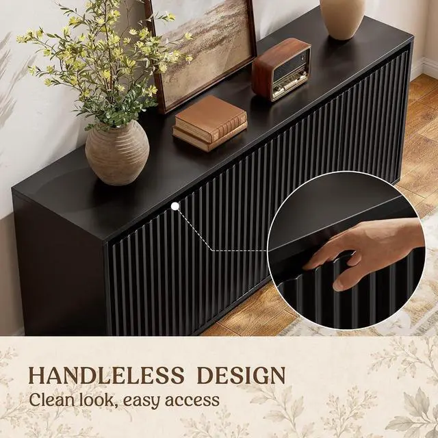 Alt view image 5 of 7 - 63" Fluted Buffet Cabinet Sideboard with Storage Credenza 4 Doors Wood Modern Accent Coffee Bar Console Table for Kitchen Entryway Black