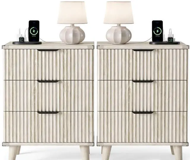 Main image of Wood Night Stand Set 2 Fluted Dresser for Bedroom 3 Drawers End Tables Nightstand with Charging Station, Side Table White Oak