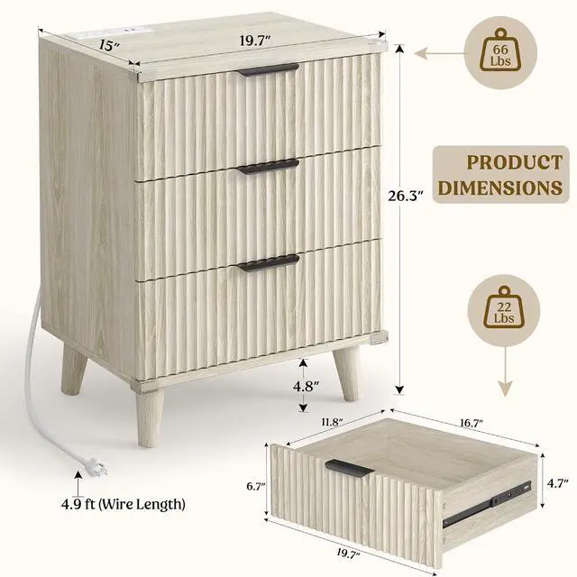 Alt view image 2 of 2 - Wood Night Stand Set 2 Fluted Dresser for Bedroom 3 Drawers End Tables Nightstand with Charging Station, Side Table White Oak