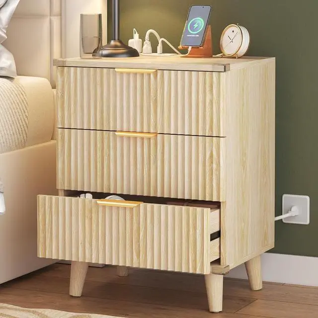 Main image of Wood 3 Drawers Dresser Fluted Night Stand with Charging Station, Storage Nightstand Modern Side Table, Bedside Table for Bedroom, Entryway Natural