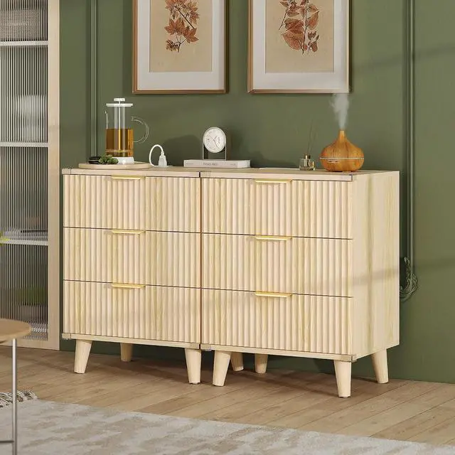 Alt view image 6 of 7 - Wood 3 Drawers Dresser Fluted Night Stand with Charging Station, Storage Nightstand Modern Side Table, Bedside Table for Bedroom, Entryway Natural