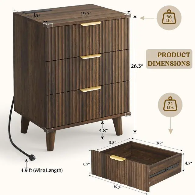 Alt view image 2 of 5 - Wood 3 Drawers Dresser Fluted Night Stand with Charging Station, Storage Nightstand Modern Side Table, Bedside Table for Bedroom, Entryway