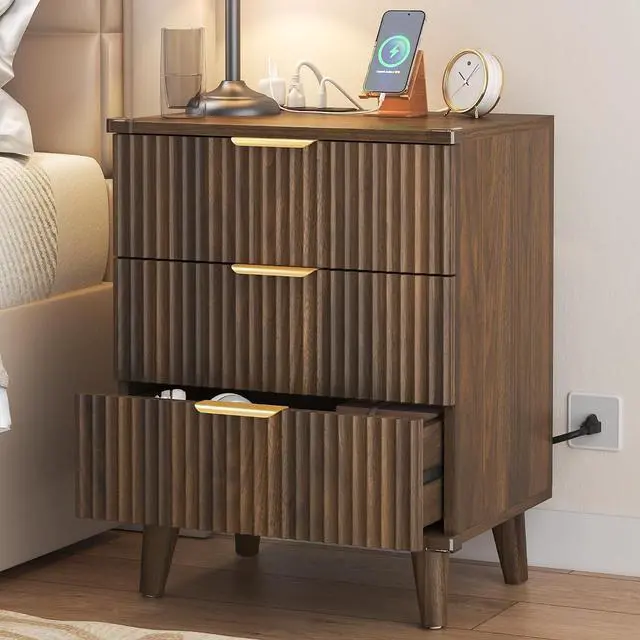 Main image of Wood 3 Drawers Dresser Fluted Night Stand with Charging Station, Storage Nightstand Modern Side Table, Bedside Table for Bedroom, Entryway