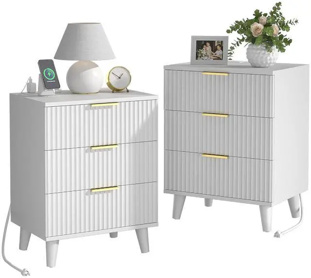 Main image of Wood Nightstand Set of 2 Fluted Dresser for Bedroom 3 Drawers Night Stand with Charging Station, Storage Modern Side Table White