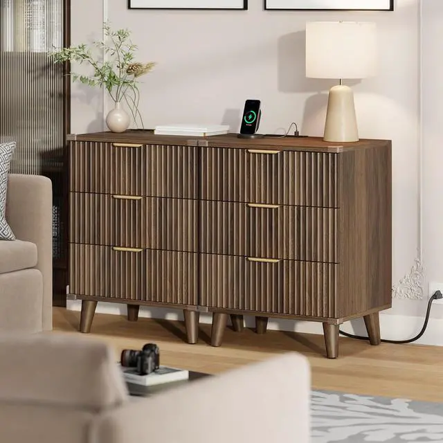Alt view image 5 of 5 - Wood 3 Drawers Dresser Fluted Night Stand with Charging Station, Storage Nightstand Modern Side Table, Bedside Table for Bedroom, Entryway