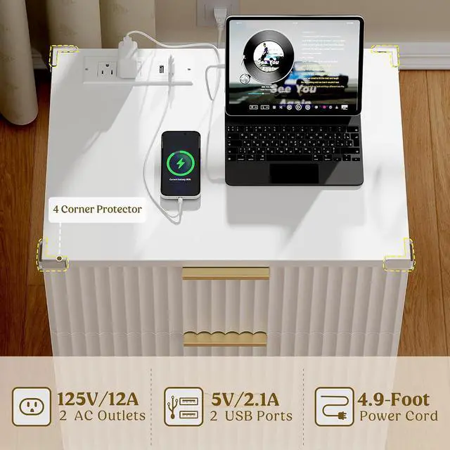 Alt view image 4 of 7 - Wood Nightstand Set of 2 Fluted Dresser for Bedroom 3 Drawers Night Stand with Charging Station, Storage Modern Side Table White