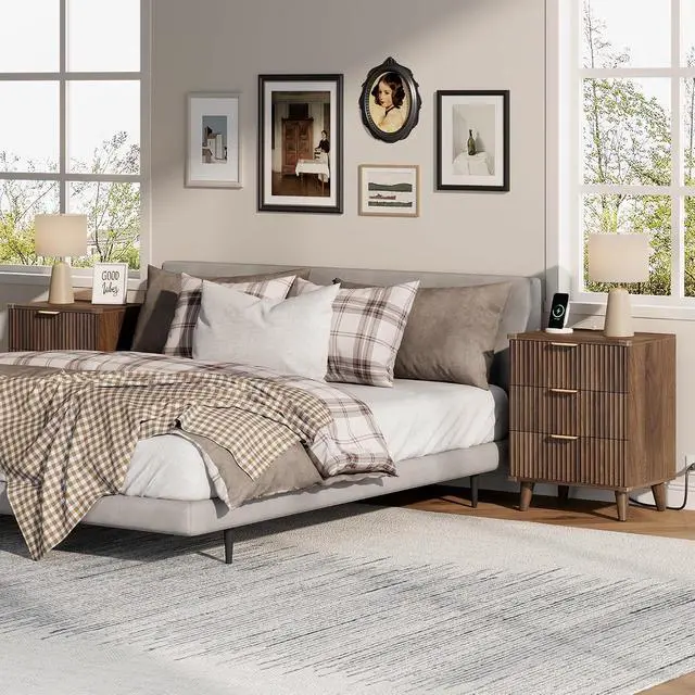Alt view image 3 of 5 - Wood 3 Drawers Dresser Fluted Night Stand with Charging Station, Storage Nightstand Modern Side Table, Bedside Table for Bedroom, Entryway