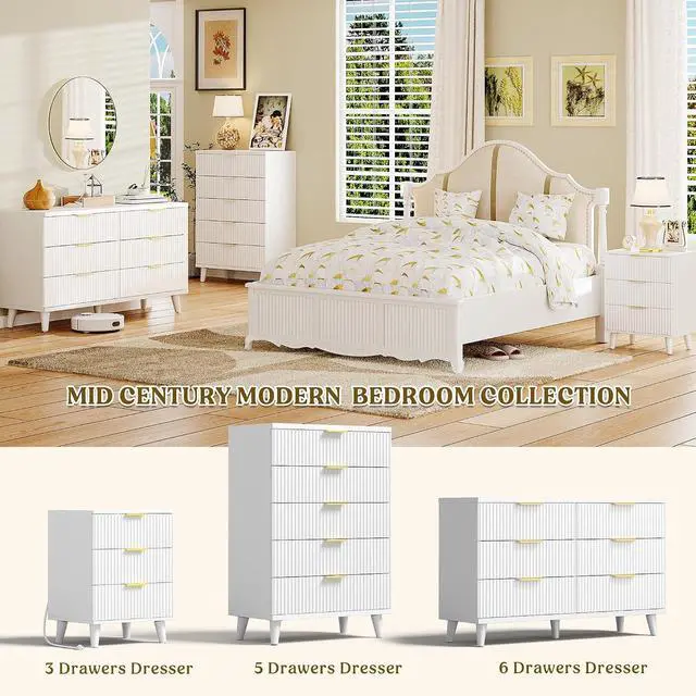 Alt view image 7 of 7 - Wood Nightstand Set of 2 Fluted Dresser for Bedroom 3 Drawers Night Stand with Charging Station, Storage Modern Side Table White
