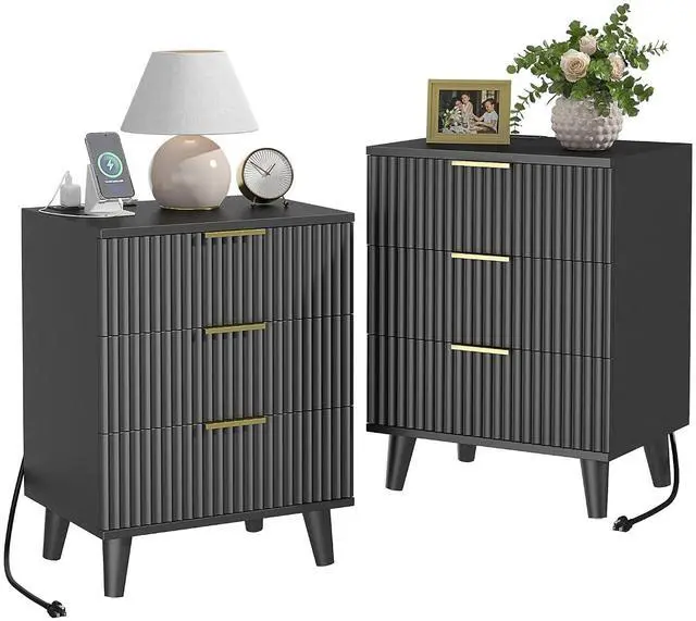 Main image of Wood Nightstand Set of 2 Fluted Dresser for Bedroom 3 Drawers Night Stand with Charging Station, Storage Modern Side Table Black