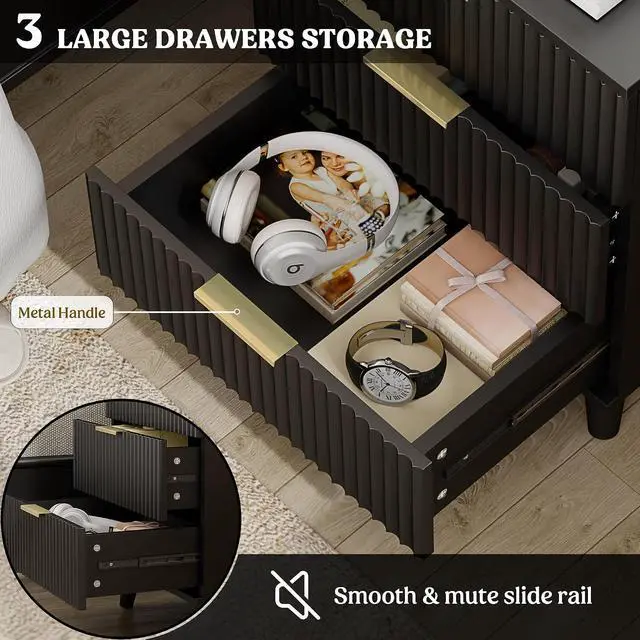 Alt view image 4 of 7 - Wood Nightstand Set of 2 Fluted Dresser for Bedroom 3 Drawers Night Stand with Charging Station, Storage Modern Side Table Black