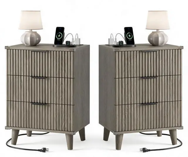 Main image of Wood Night Stand Set 2 Fluted Dresser for Bedroom 3 Drawers End Tables Nightstand with Charging Station, Side Table Dark Grey Oak