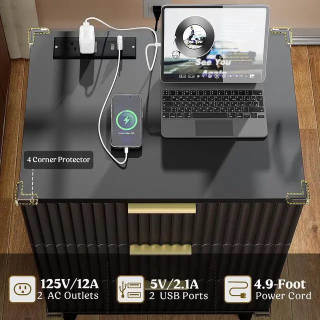 Alt view image 7 of 7 - Wood Nightstand Set of 2 Fluted Dresser for Bedroom 3 Drawers Night Stand with Charging Station, Storage Modern Side Table Black
