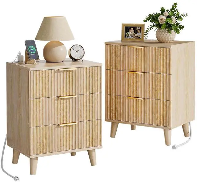 Main image of Wood Night Stand Set 2 Fluted Dresser for Bedroom 3 Drawers End Tables Nightstand with Charging Station, Storage Modern Side Table Natural