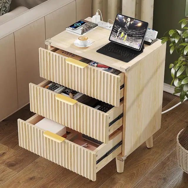 Alt view image 2 of 7 - Wood Night Stand Set 2 Fluted Dresser for Bedroom 3 Drawers End Tables Nightstand with Charging Station, Storage Modern Side Table Natural