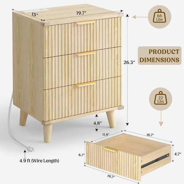Alt view image 3 of 7 - Wood Night Stand Set 2 Fluted Dresser for Bedroom 3 Drawers End Tables Nightstand with Charging Station, Storage Modern Side Table Natural