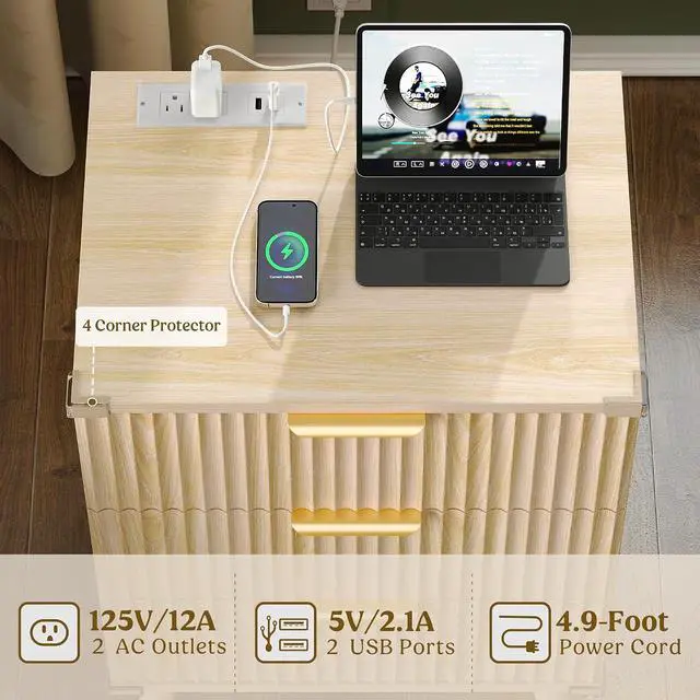 Alt view image 4 of 7 - Wood Night Stand Set 2 Fluted Dresser for Bedroom 3 Drawers End Tables Nightstand with Charging Station, Storage Modern Side Table Natural