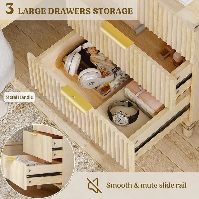 Alt view image 6 of 7 - Wood Night Stand Set 2 Fluted Dresser for Bedroom 3 Drawers End Tables Nightstand with Charging Station, Storage Modern Side Table Natural