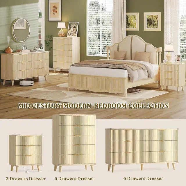 Alt view image 7 of 7 - Wood Night Stand Set 2 Fluted Dresser for Bedroom 3 Drawers End Tables Nightstand with Charging Station, Storage Modern Side Table Natural
