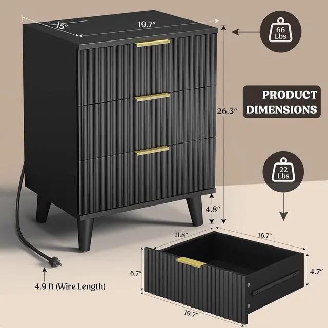 Alt view image 2 of 7 - Wood 3 Drawers Dresser Fluted Night Stand with Charging Station, Natural Nightstand 3 Storage Drawers Dresser Modern Side Table, Bedside Table for Bedroom