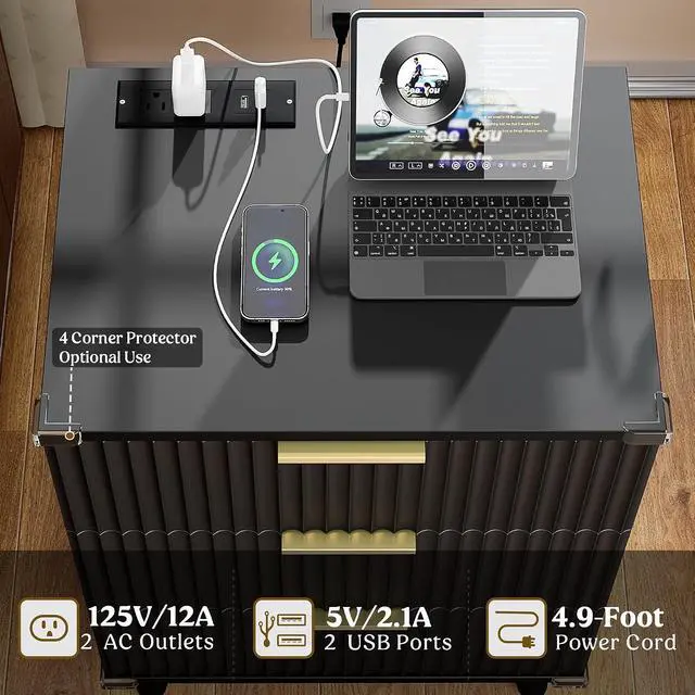 Alt view image 3 of 7 - Wood 3 Drawers Dresser Fluted Night Stand with Charging Station, Natural Nightstand 3 Storage Drawers Dresser Modern Side Table, Bedside Table for Bedroom